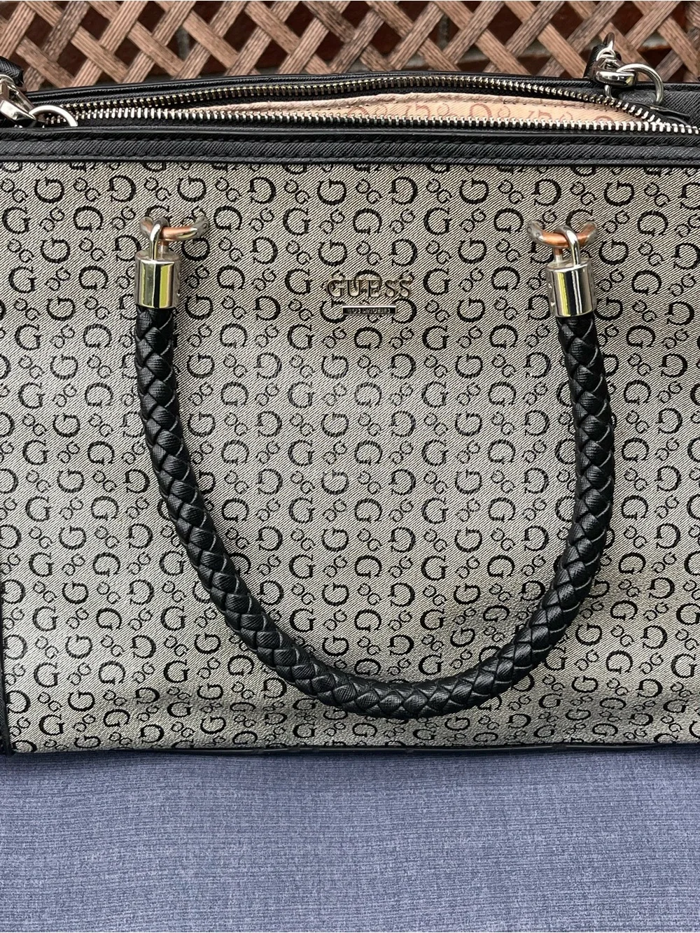 GUESS Beige Monogram Satchel with Black Braided Handles